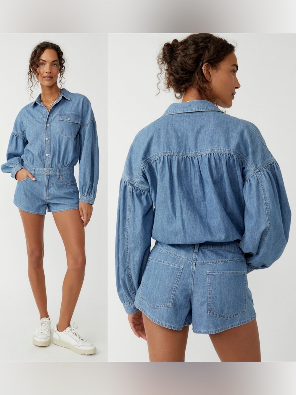 Free People Zodiac Chambray Balloon Sleeve Button-Front One-Piece Romper
